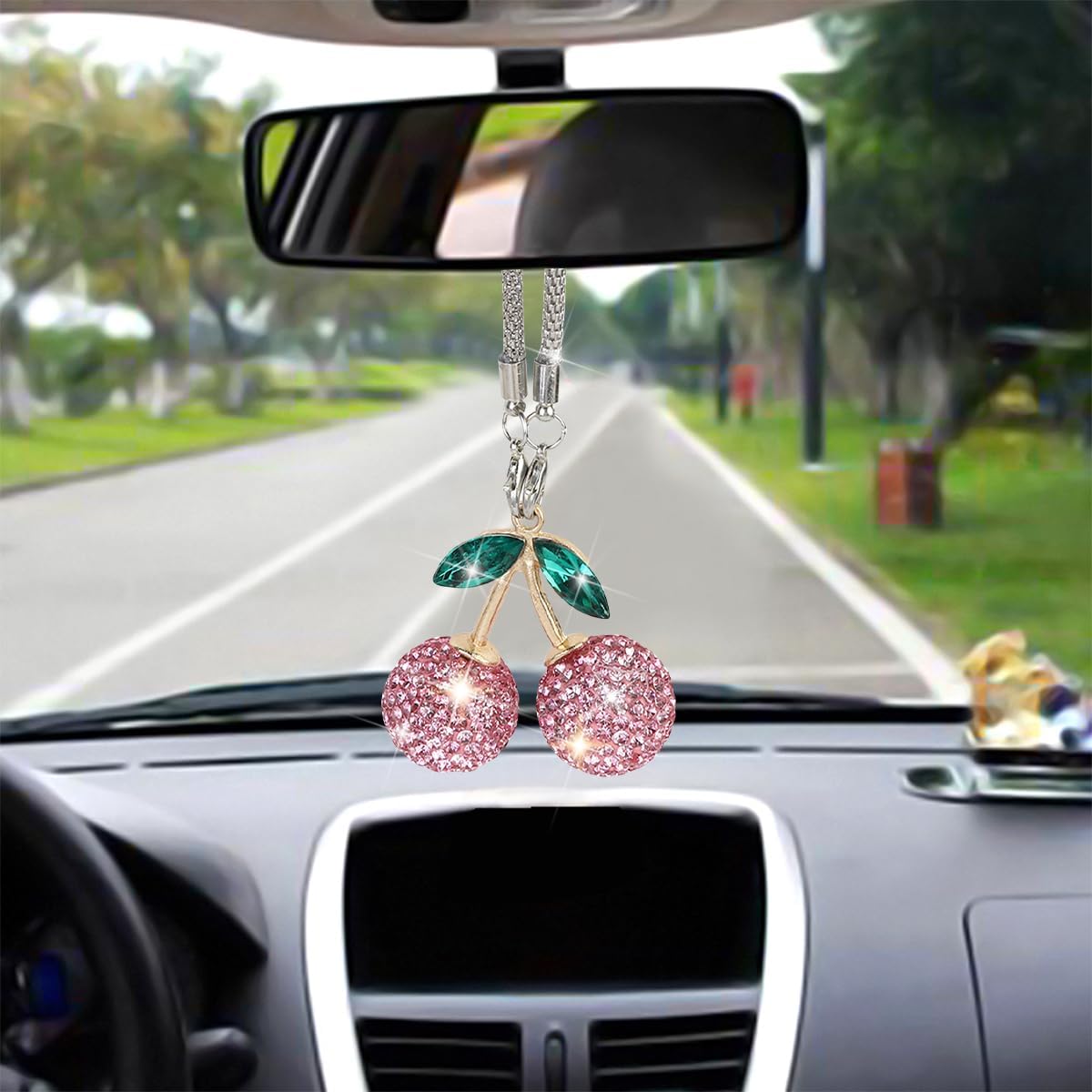Bling Car Rear View Mirror Hanging Ornament, Cute Sparkly Crystal Rhinestone Cherry Vehicle Pendant, Lucky Diamond Automotive Interior Decor, Universal for Truck SUV Sedan (Pink)