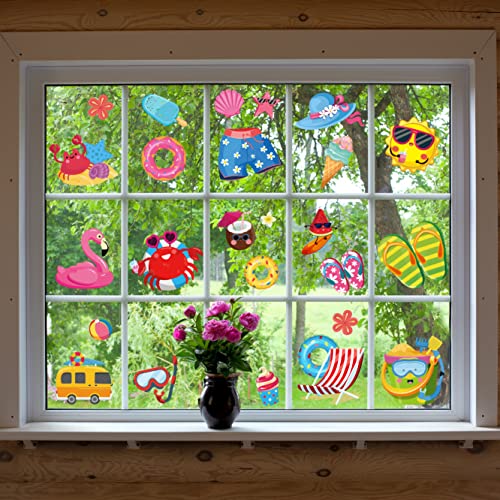 129Pcs Hello Summer Window Clings Stickers Hawaiian Luau Beach Double-Sided Window Art Seasons Decals For Tropical Summer Pool Party Baby Shower School Home Office Accessories Party Supplies Gifts, 9 Sheets(Summer) #TOP7