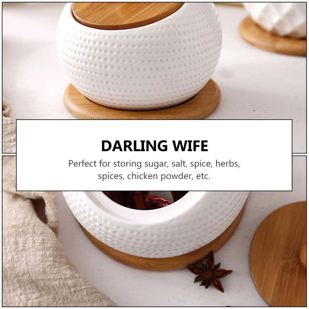 TBLOTYD Ceramic Condiment Jar with Wooden Lid Spoon Spice Pots Hanging Serving Jars Seasoning Box Kitchen Storage Container for