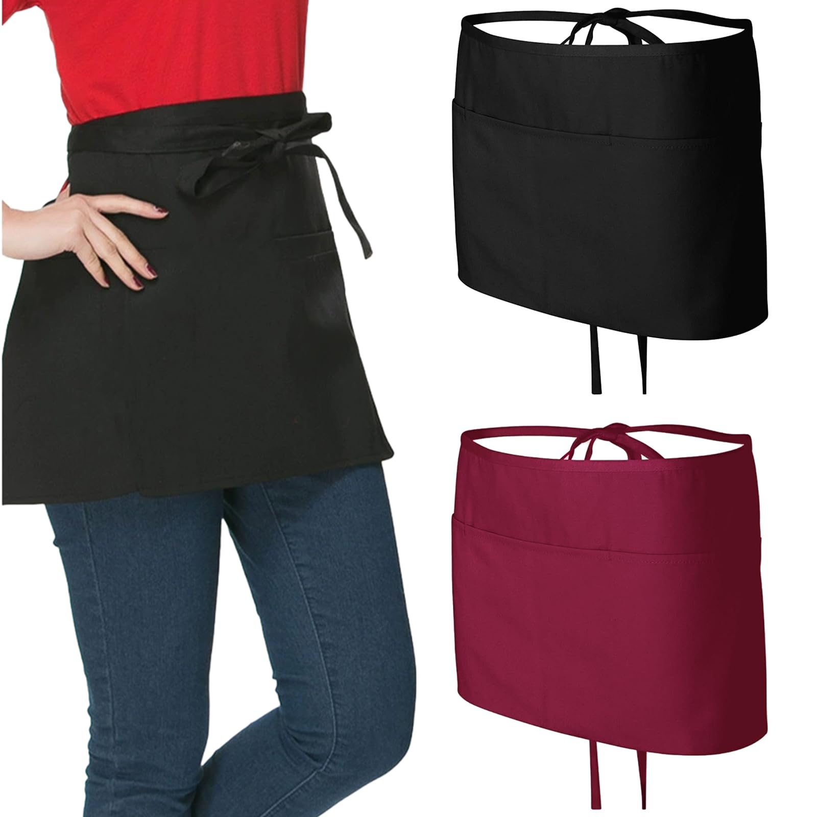 APGLSXY Of 2 Black Waist Tie Apron for Home Commercial Use Water Resistant Adjustable Fit with Practical Front Pocket Classical Black Polyester Kitchen Apron