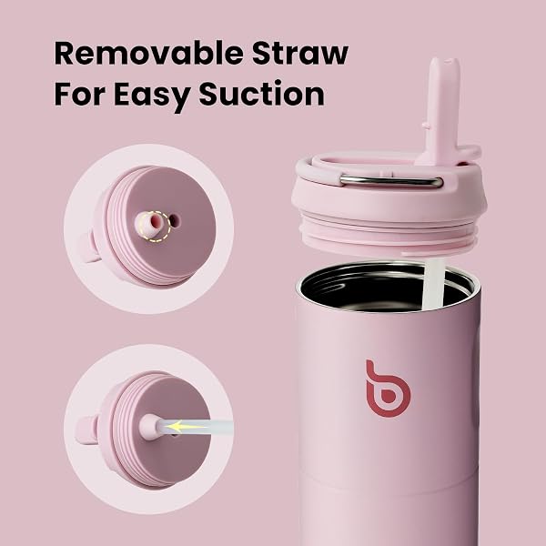 BOTTLE BOTTLE Gourde isotherme avec couvercle à paille et poignée, en acier inoxydable à double paroi sous vide, anti-fuite, sans BPA, pour sport, voyage, salle de sport - Rose clair, 710 ml - 5