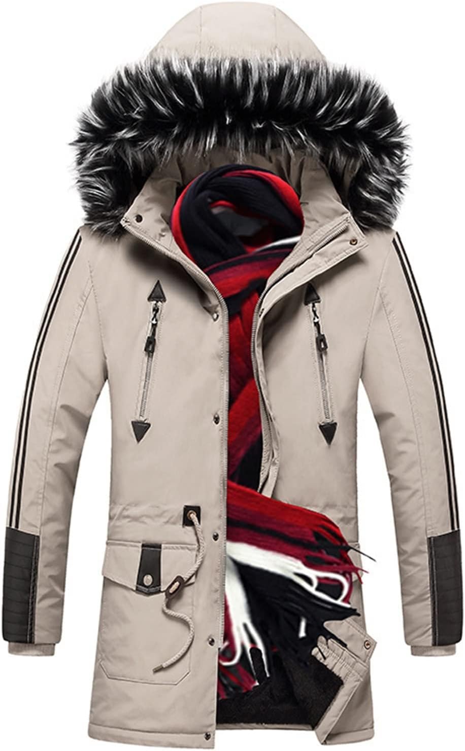 PULTRT Mens down jacket Men Long Winter Jackets Trench Coats Hooded Casual Down Jackets Male Cotton Slim Warm Winter Coats(Khaki,XL)