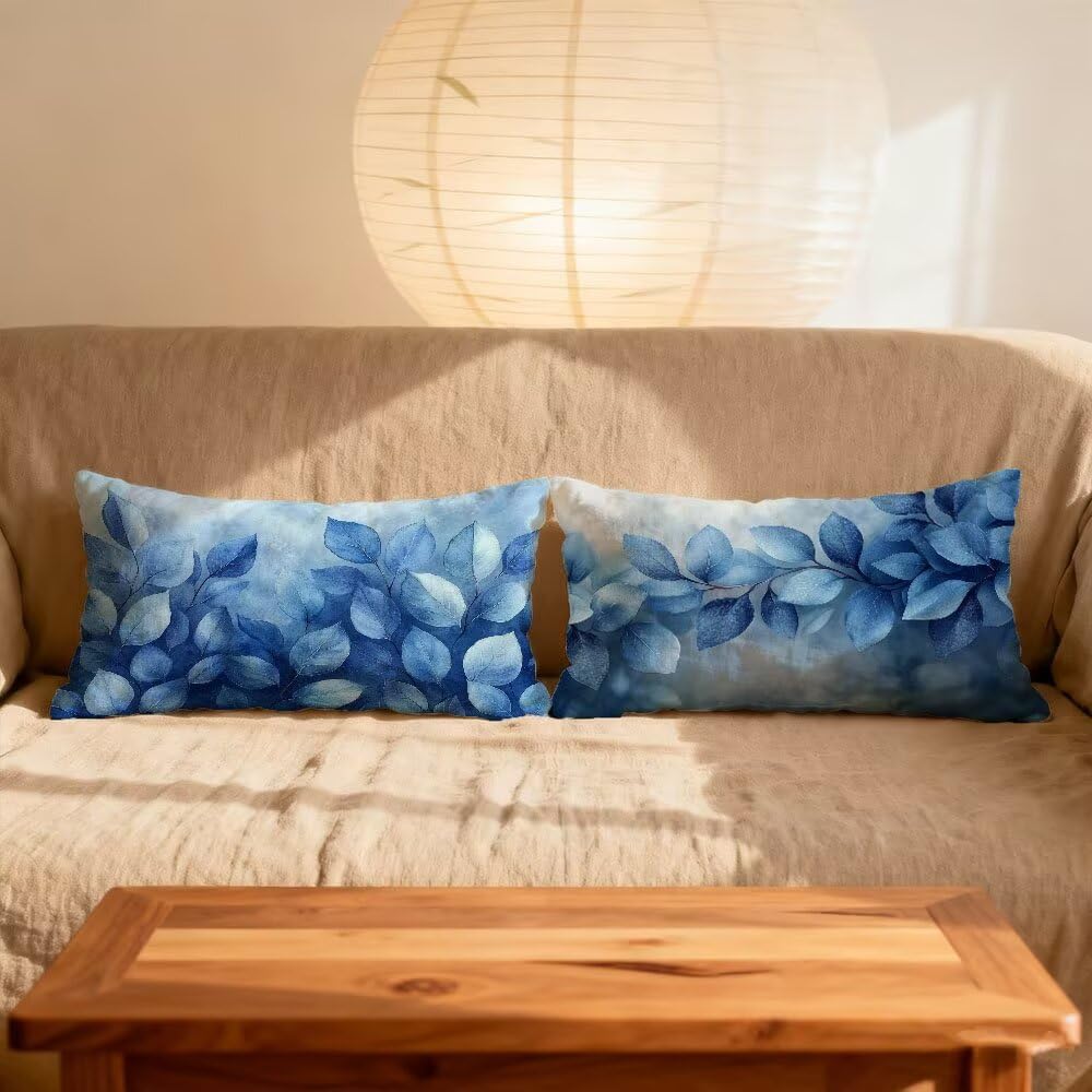 Poszewka na poduszkę 50 x 70 cm Poszewka na poduszkę Zestaw 2 niebieskich prostokątnych poduszek na sofę dwustronny liść dekoracyjna aksamitna poszewka na poduszkę z niewidocznym zamkiem błyskawicznym