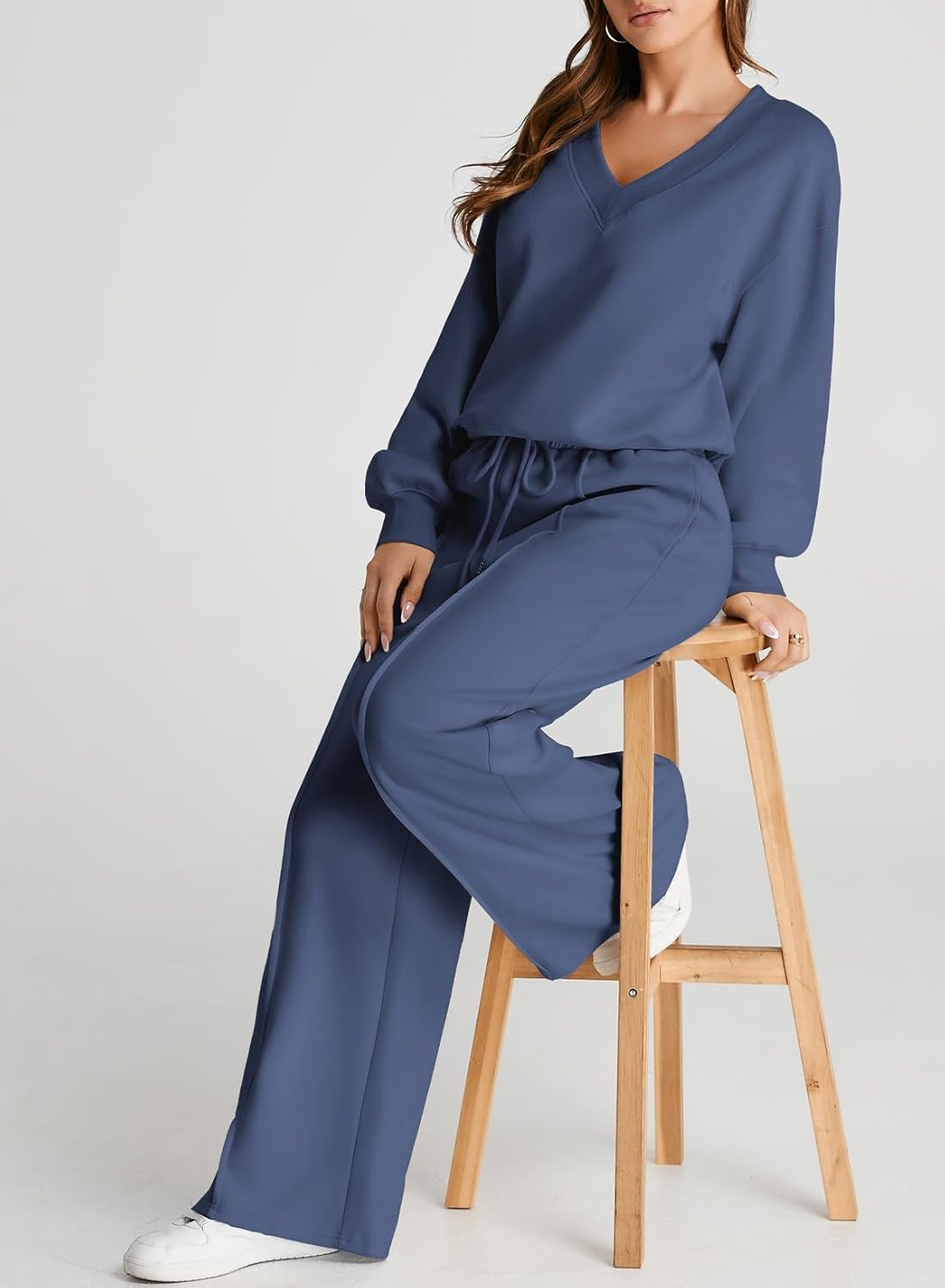 Herseas Women 2 Piece Outfits Sweatsuit 2025 Fall Casual V Neck Sweatshirt with Wide Leg Sweatpants Tracksuit Lounge Set - Image 2