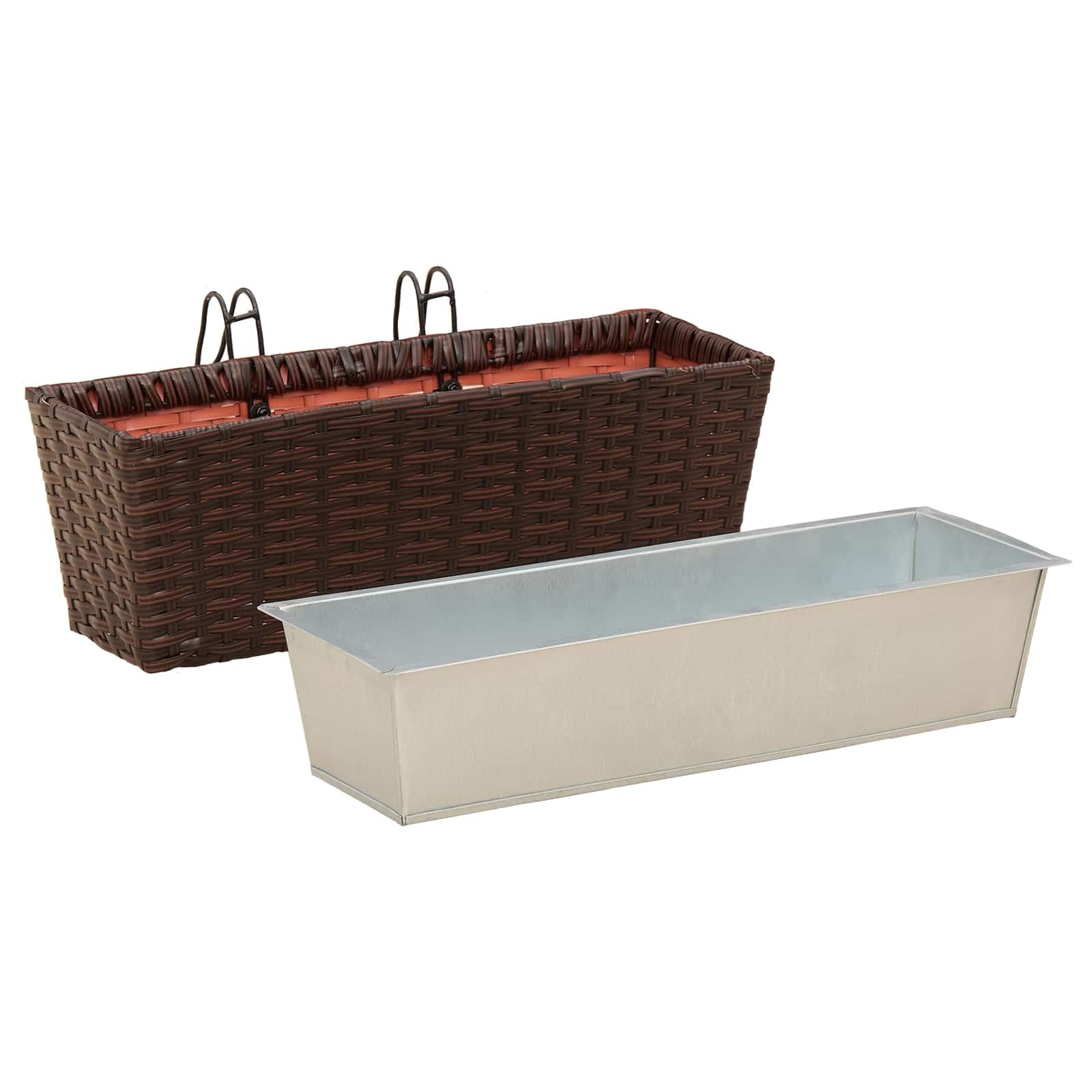 Metalowa donica balkonowa, 50 x 17 x 17 cm, z haczykami, o wyglądzie rattanu, doniczka na taras, do ogrodu, na balkon, odporna na promieniowanie UV, wszechstronne zastosowanie, dekoracyjna