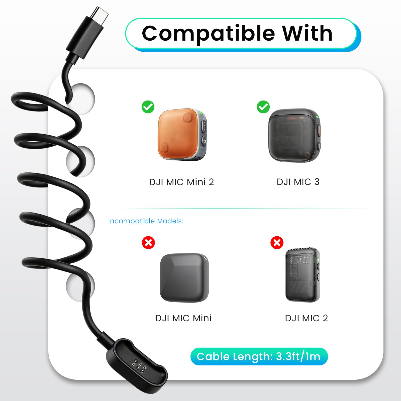 Paquete de 2 cables de carga magnéticos para transmisor DJI Mic Mini 2 / DJI Mic 3, cable cargador magnético de micrófono inalámbrico, fuerte cable USB magnético para carga rápida y