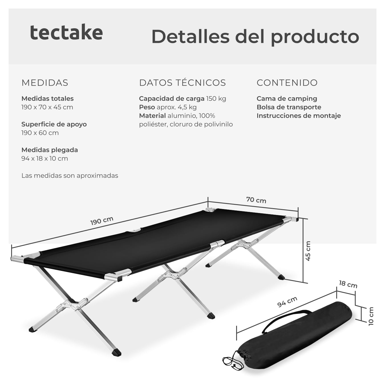 tectake® Cama Plegable con Estructura de Aluminio, Ideal para Acampada y Playa, Tumbona Plegable con Colchoneta, Ligera y Estable, Incluye Bolsa de Transporte, Accesorios Camping - Set de 1 Negro