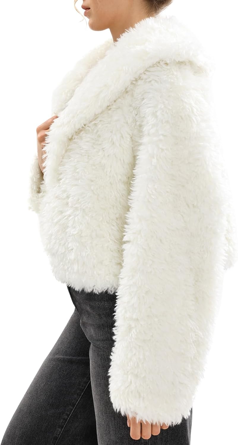 Amazhiyu Women's Faux Fur Crop Coats Long Sleeve Open Front Lapel Furry Jackets - Image 2