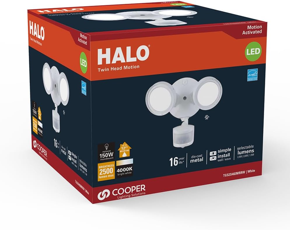 HALO TGS Outdoor LED Motion Sensor Flood & Security Light Twin Round Head White