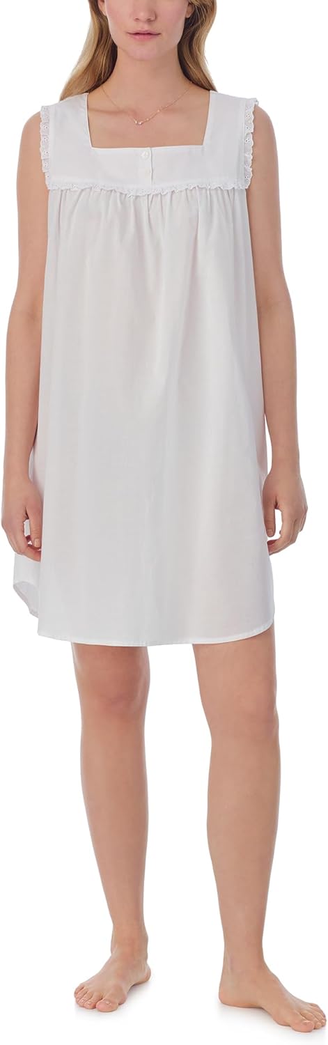 Lanz of Salzburg Women's 100% Cotton Dream Chemise, Sleeveless Design, Pintuck Neckline & Button Front