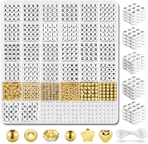 2080 Pcs White Round Letter Beads with Gold Spacers for Bracelets & Keychains, Alphabet Beads Kit with Accessories DIY Crafts for Women & Girls