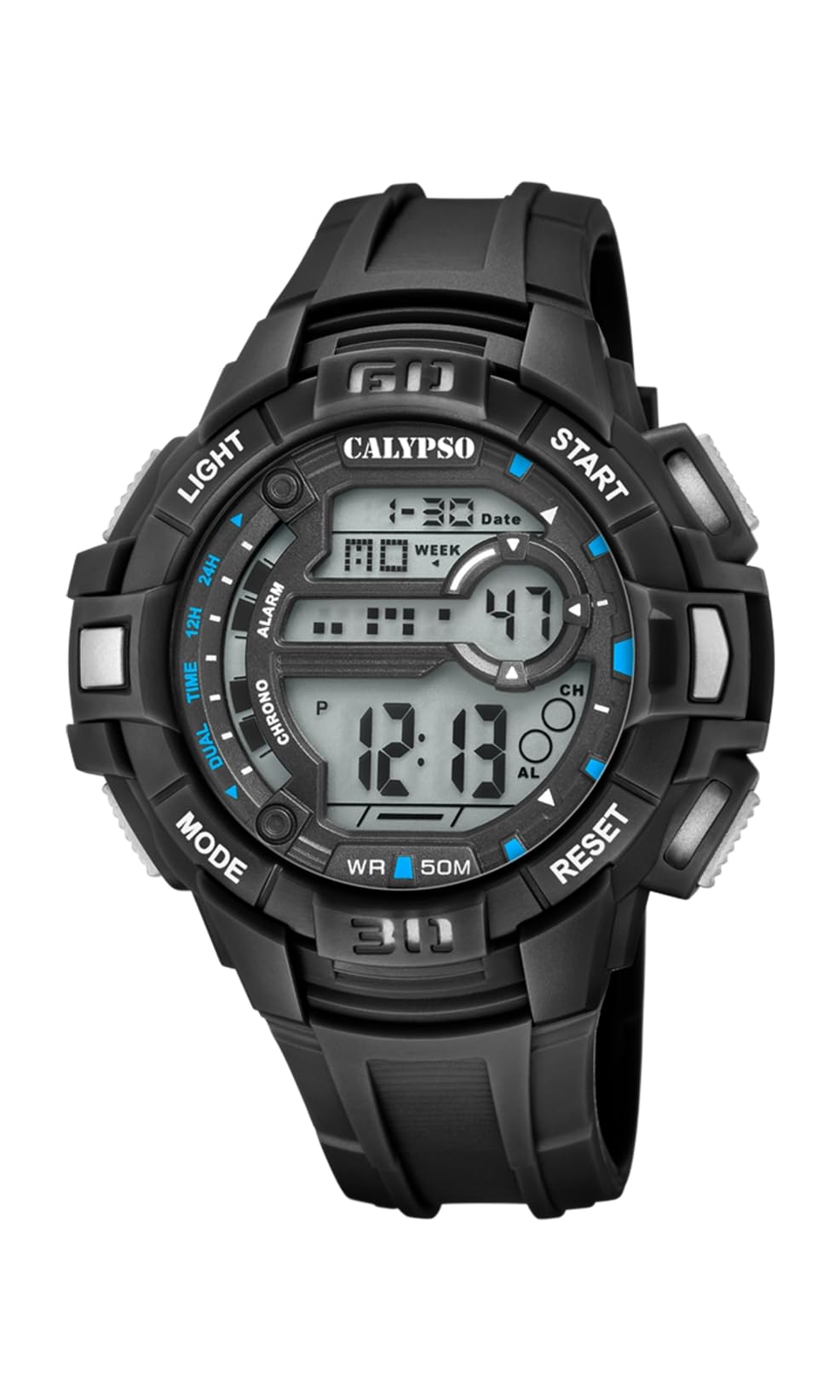 CALYPSO Reloj Digital Hombre K5836 Cuarzo - Resistente al Agua 10 ATM Fecha y Calendario, Cronógrafo, Doble Horario, Luz, Alarma, 12 y 24 Horas - Correa de Caucho Verde - Flash Time
