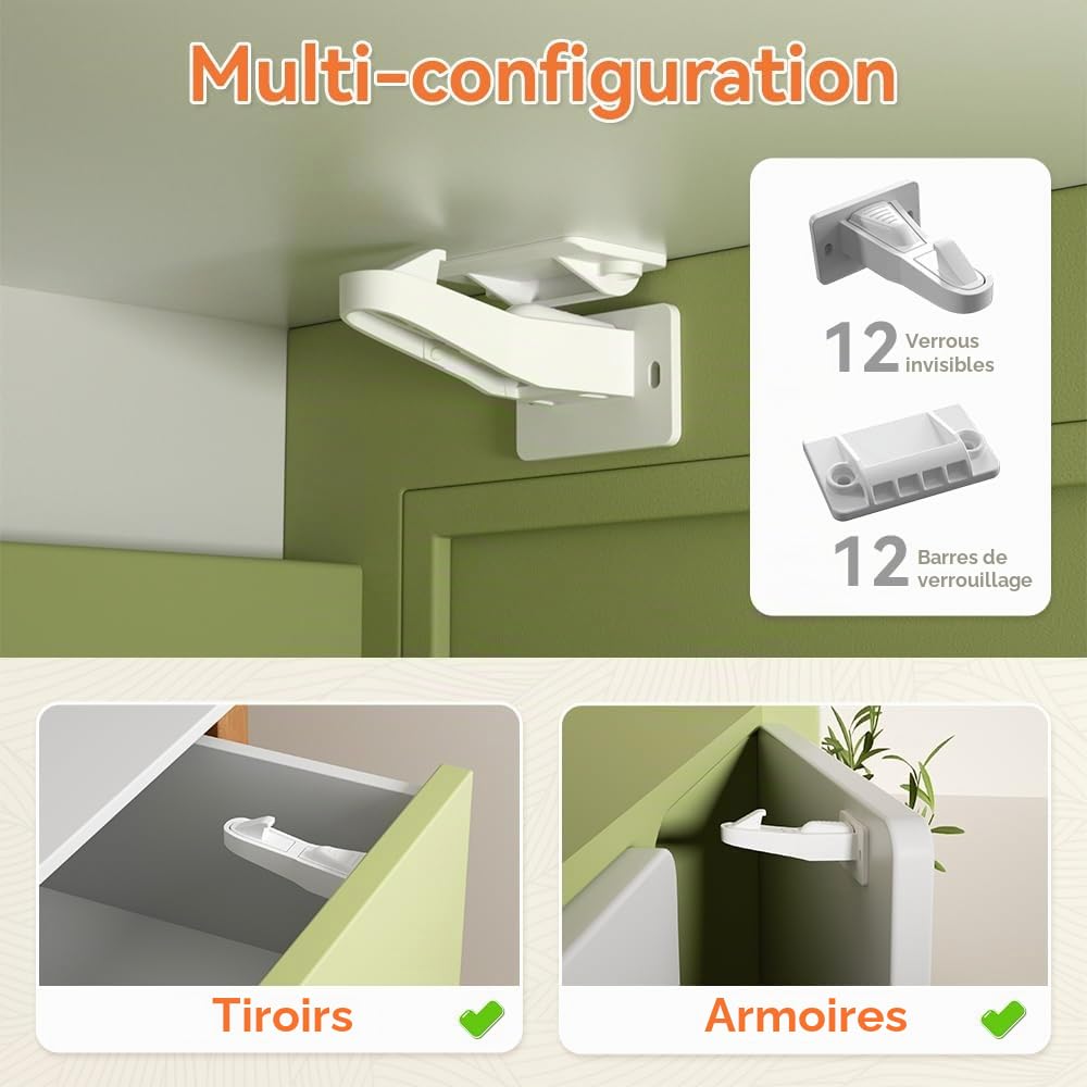 SAFELON 12 Pièces Serrures d’armoire de sécurité pour bébé serrures de tiroir à l’épreuve des enfants avec vis, loquet pour enfants pour tiroirs et armoires (Blanc)