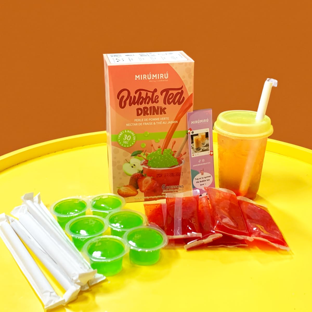 Kit de Bubble Tea MiruMiru - Perlas de Manzana Verde y Néctar de Fresa con Té de Jazmín - Kit Casero para Hacer Bebidas con Pajitas