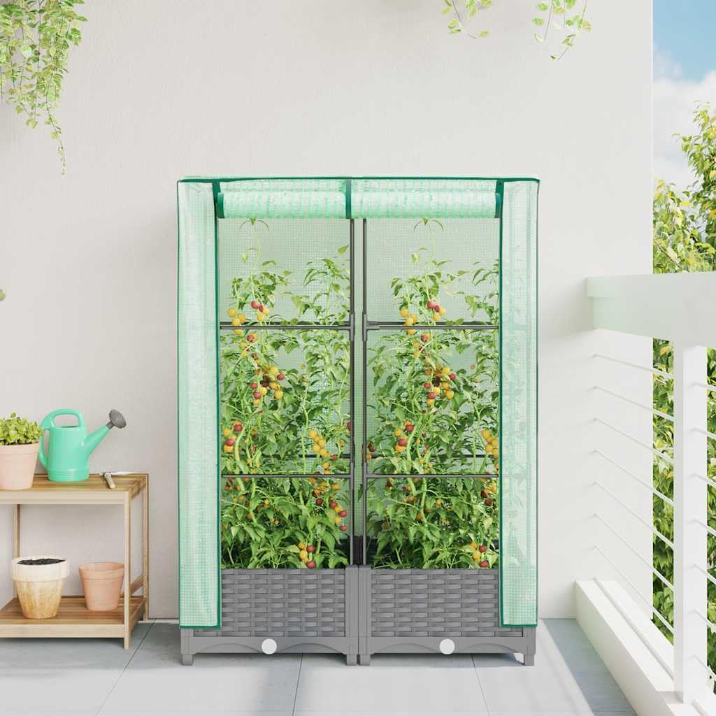 Arriate Elevado con Cubierta de Invernadero y Armazón de Hierro, Diseño de Ratán para Plantas, Verduras y Hierbas, Incluye Cremalleras de Ventilación y Cuerdas de Sujeción