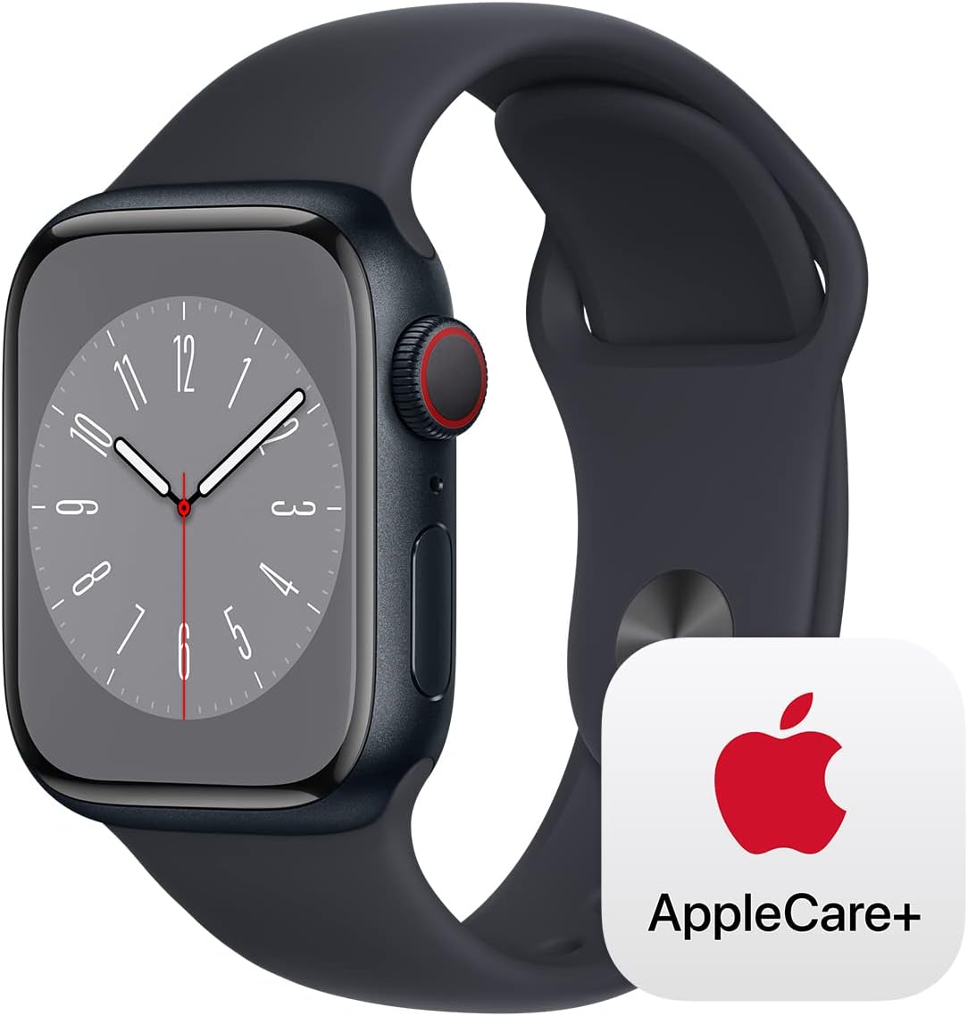 Apple Watch Series 8 [GPS + Cellular 41mm] Smart Watch w/ Midnight Aluminum Case with Midnight Sport Band – S/M with AppleCare+ (2 Years)