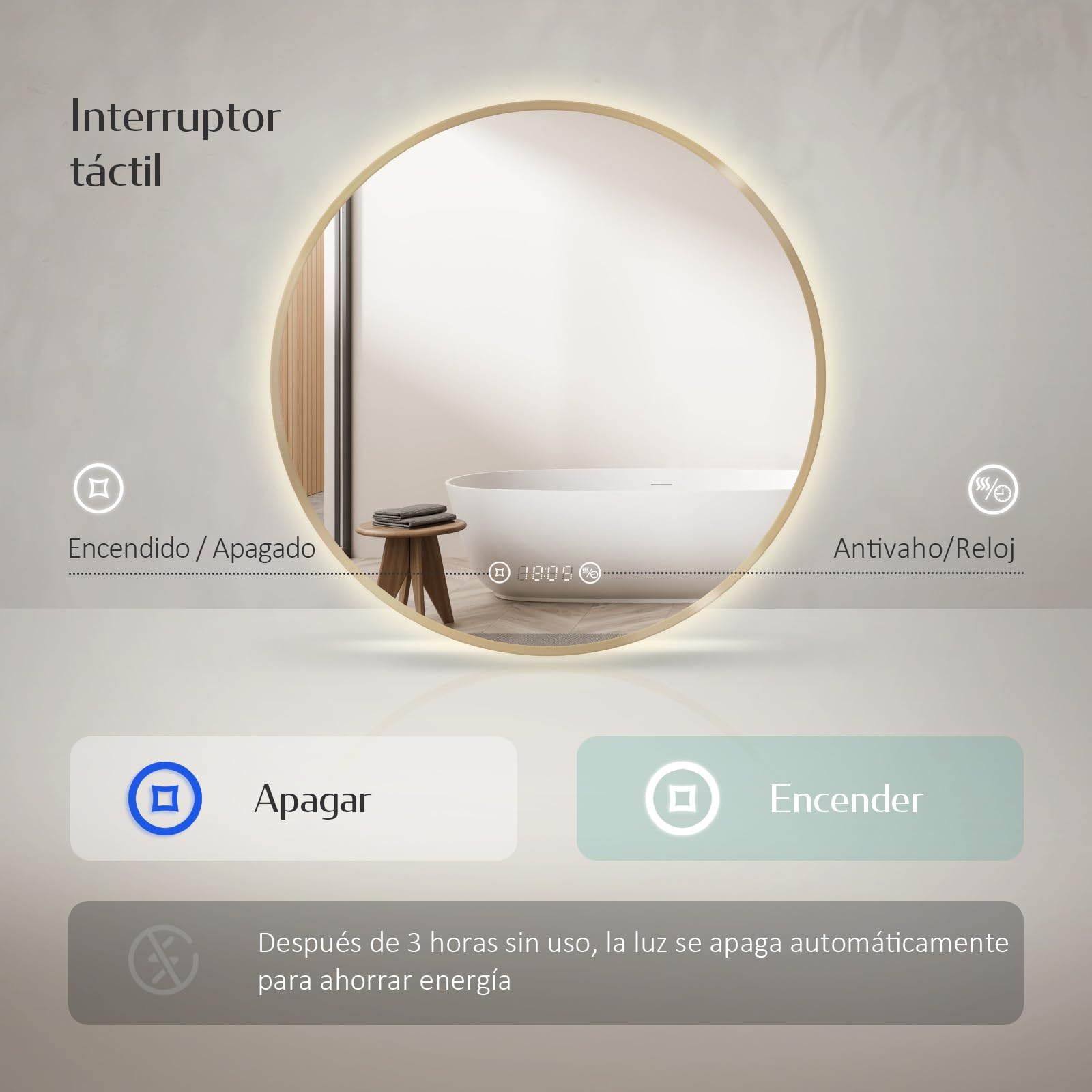 EMKE Espejo de Baño Redondo 60 cm,Marco Dorado Cepillado, Antivaho, Reloj, Temperatura, Espejo baño con luz 4300K, Apagado Automático 3 h, Memoria, IP65,Espejo LED baño