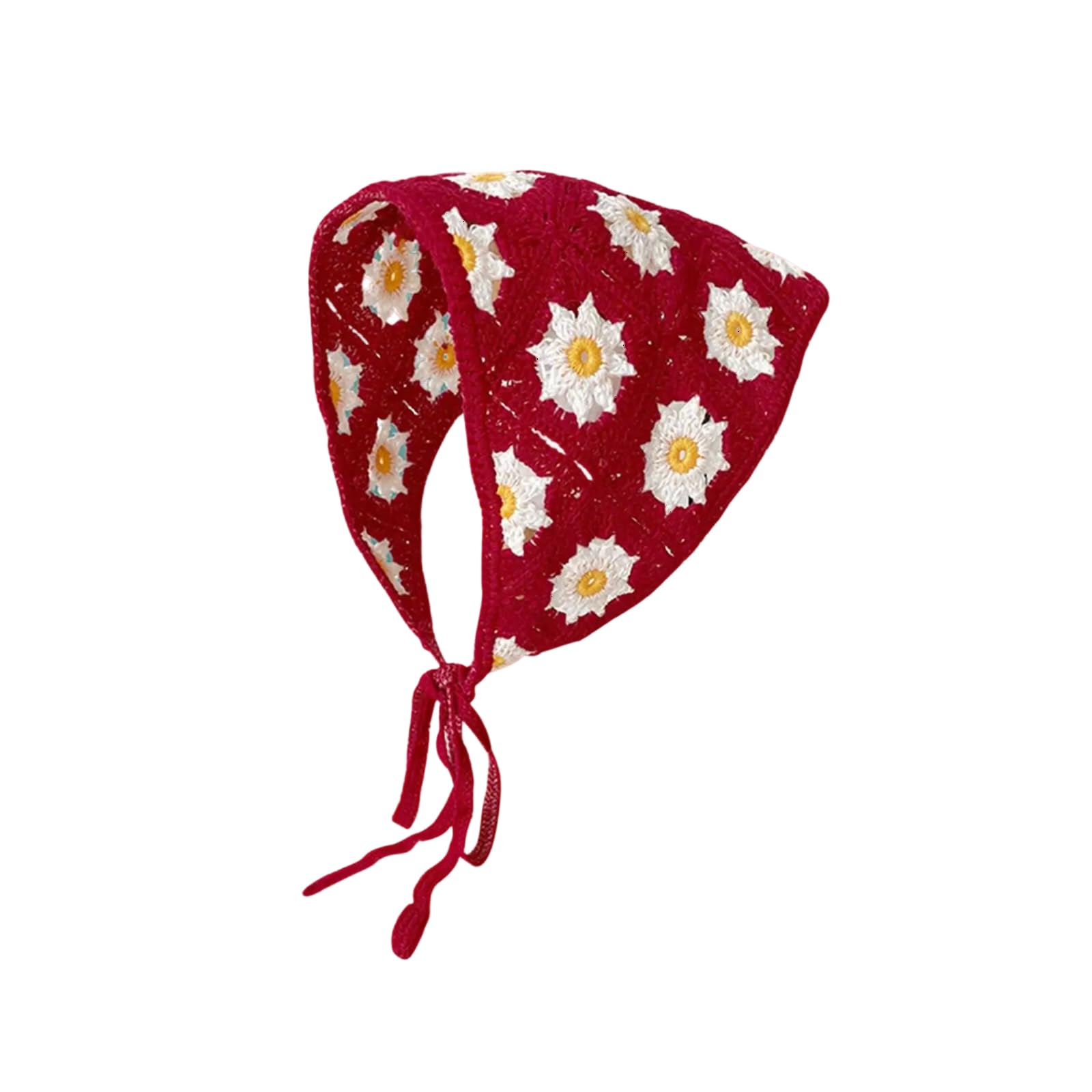 Ziddar Women's Red Floral Crochet Hair Bandana Tie Knotted Headscarf Retro Headband Knitted Head Kerchief For Triangular Head Scarf Crochet Head Scarf Hair Bandanas