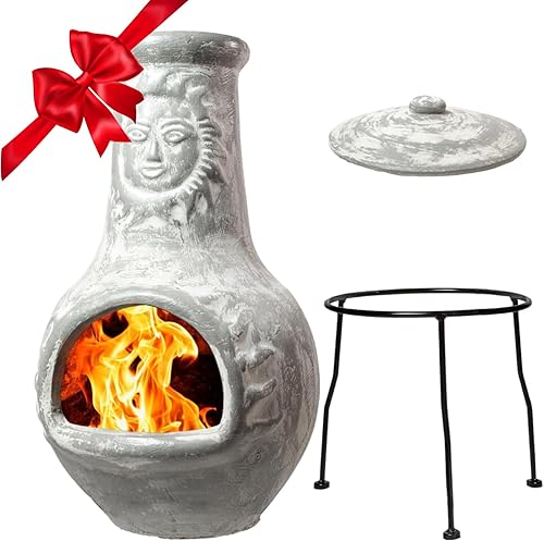 Wiosi Chiminea mediana para exteriores, chimeneas de arcilla gris con tapas de lluvia de chimenea y soportes de metal sólido, chimenea de terracota