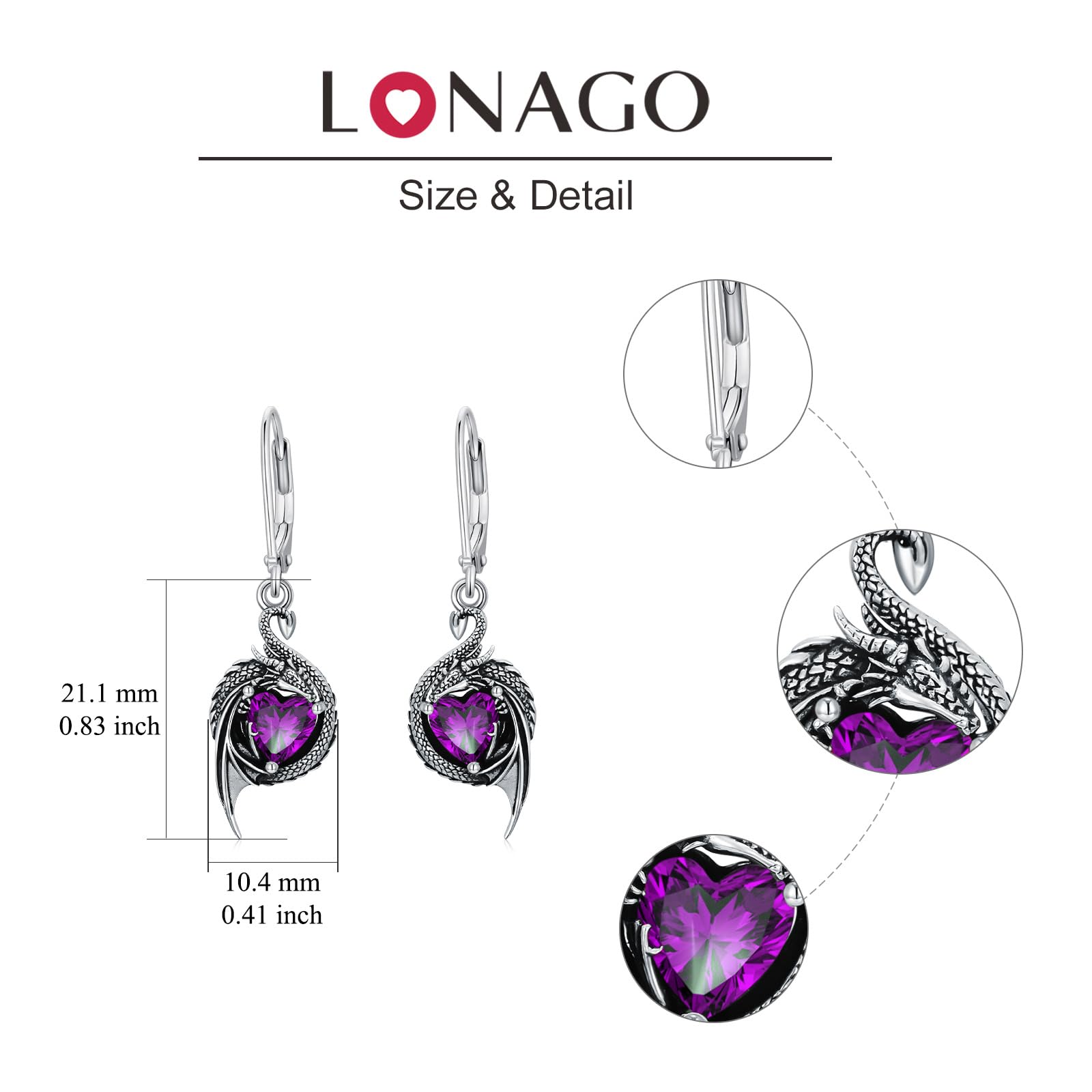 LONAGO Pendientes de Dragón para Mujer Plata de ley 925 Dragón con Corte de Corazón Piedra de Nacimiento Pendientes Colgantes
