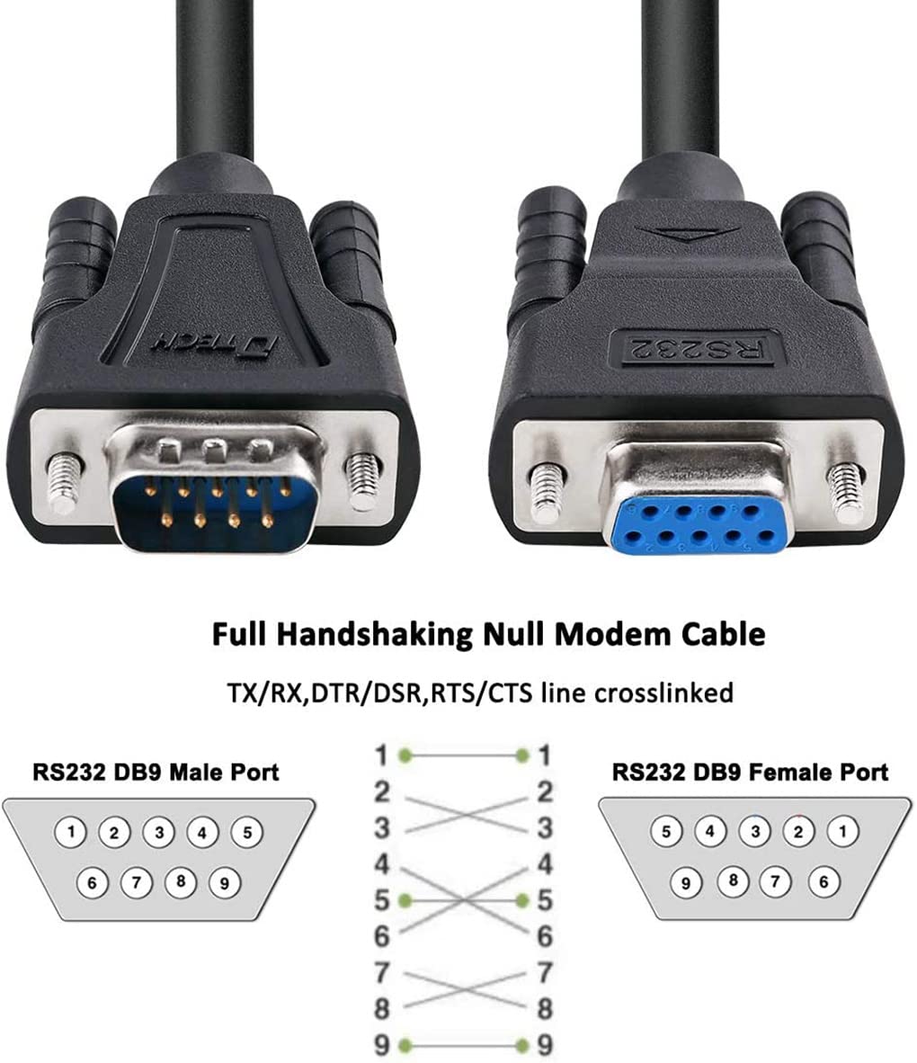 DTECH DB9 RS232 Cable serie macho a hembra módem nulo cable Full Handshaking 7Wire Crossover para comunicación de datos (1,5 m, negro)