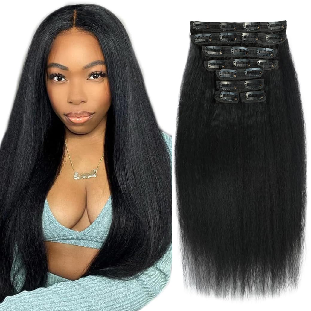 Kinky Straight Clip ins 26 Inch Clip in Hair Extensions Real Human Hair Yaki Straight Clip ins for Black Women Full Head Brazilian Remy Hair Extensions Double Weft 8Pcs 100g 20 Clips