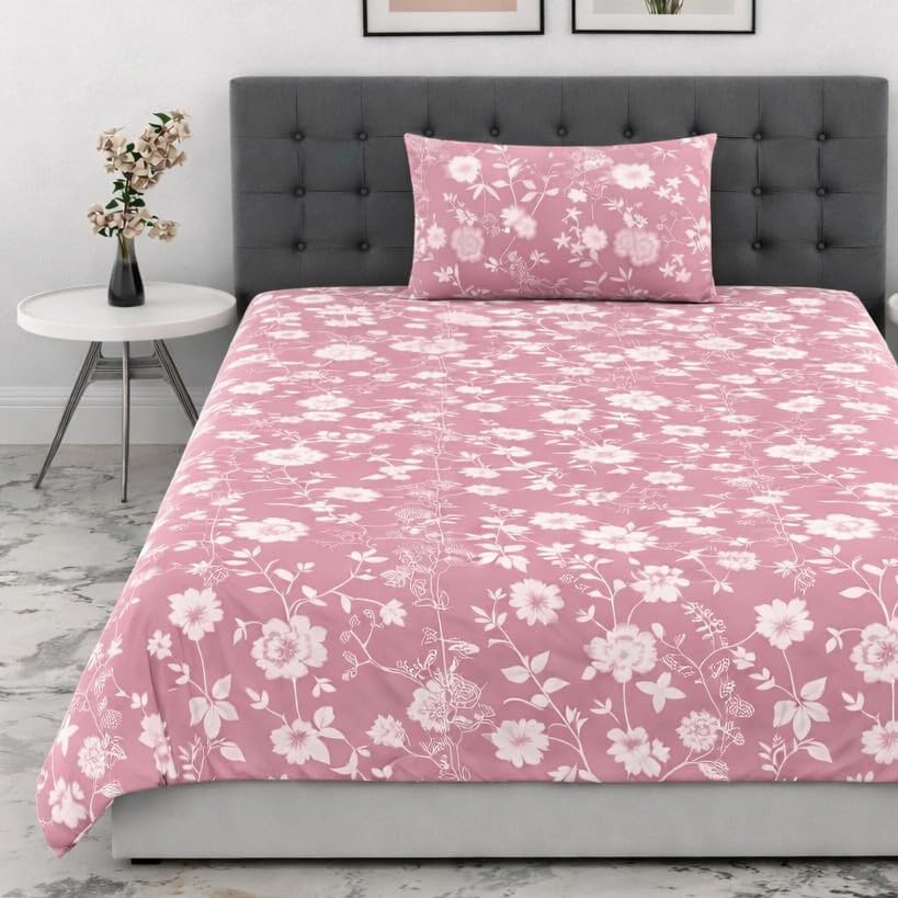 Image of DECOR2ADMIRE 300 Thread Count Premium Cotton Printed Single Bedsheet with One Pillow Covers for Home 60 Inches x 90 Inches (Blush Pink Floral, Single 60 inch x 90 inch)