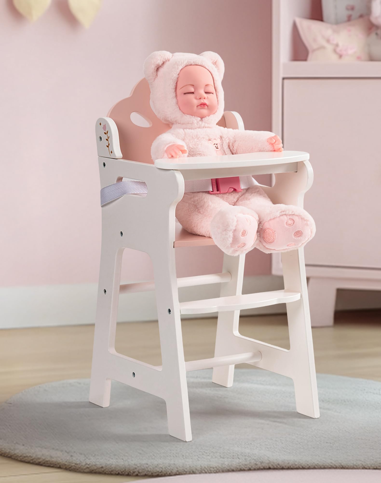 ROBUD Baby Doll High Chair, Pretend Play High Chair with Seat Belt, White Wooden Baby Doll Accessories with Movable Tabletop, Fits 18-20 Inch Dolls, WRP27