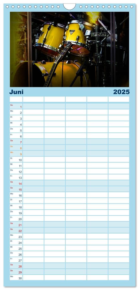 Familienplaner 2025 - Schlagzeug onstage mit 5 Spalten (Wandkalender, 21 cm x 45 cm), CALVENDO: Eindrucksvolle Konzertaufnahmen und Closeups von verschiedenen Schlagzeugen (CALVENDO Kunst)
