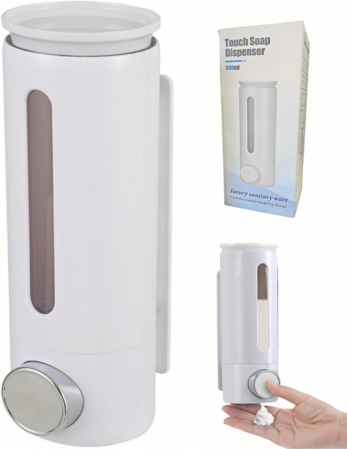 Abriclo 17oz Drill-Free Wall Mount Soap Dispenser - Leak-Proof ABS Shampoo & Conditioner Pump for Bathroom Kitchen, White