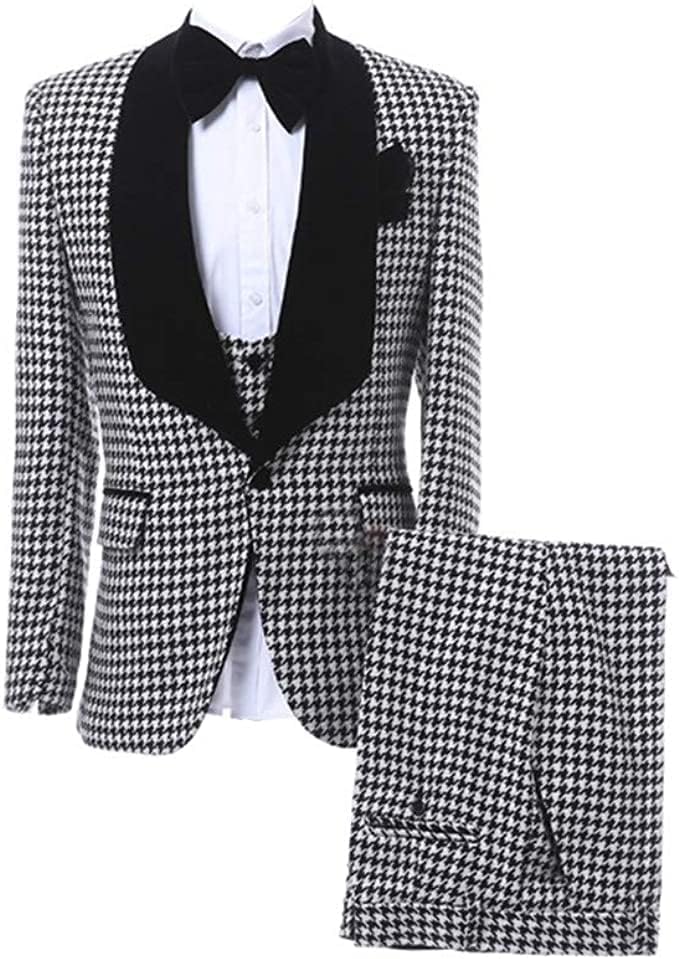 Slim Fit Mens Plaid Suit Houndstooth Tuxedo Wedding Party Groom Suits Jacket Vest Pant 3 Piece Set