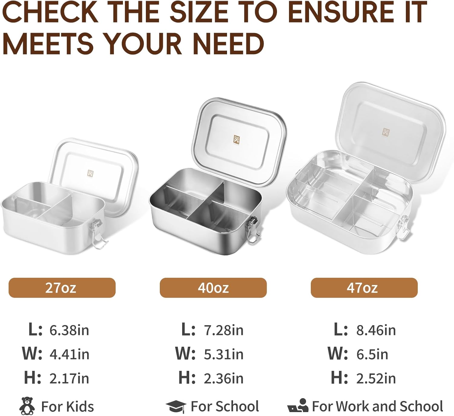 GOLDEN KEY 40QZ Stainless Steel Bento Box for Kids, 1200ml Metal Lunch Box for Kids or Adults,Stainless Steel Food Storage Containers with Lids and Lockable Clips for Travel, Work - Image 6