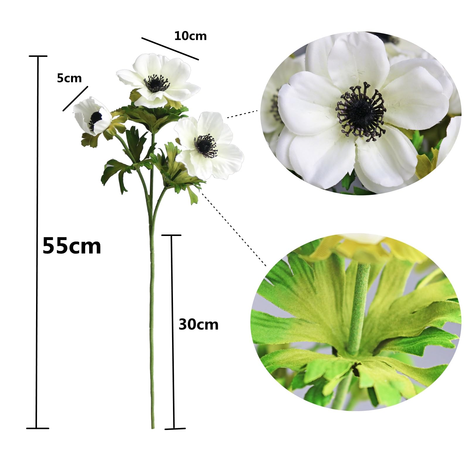 Htmeing 10 cespugli di fiori artificiali a fiore pieno di anemone con fogliame verde per la festa della mamma o decorazione per casa, ristorante, ufficio e matrimonio (bianco)