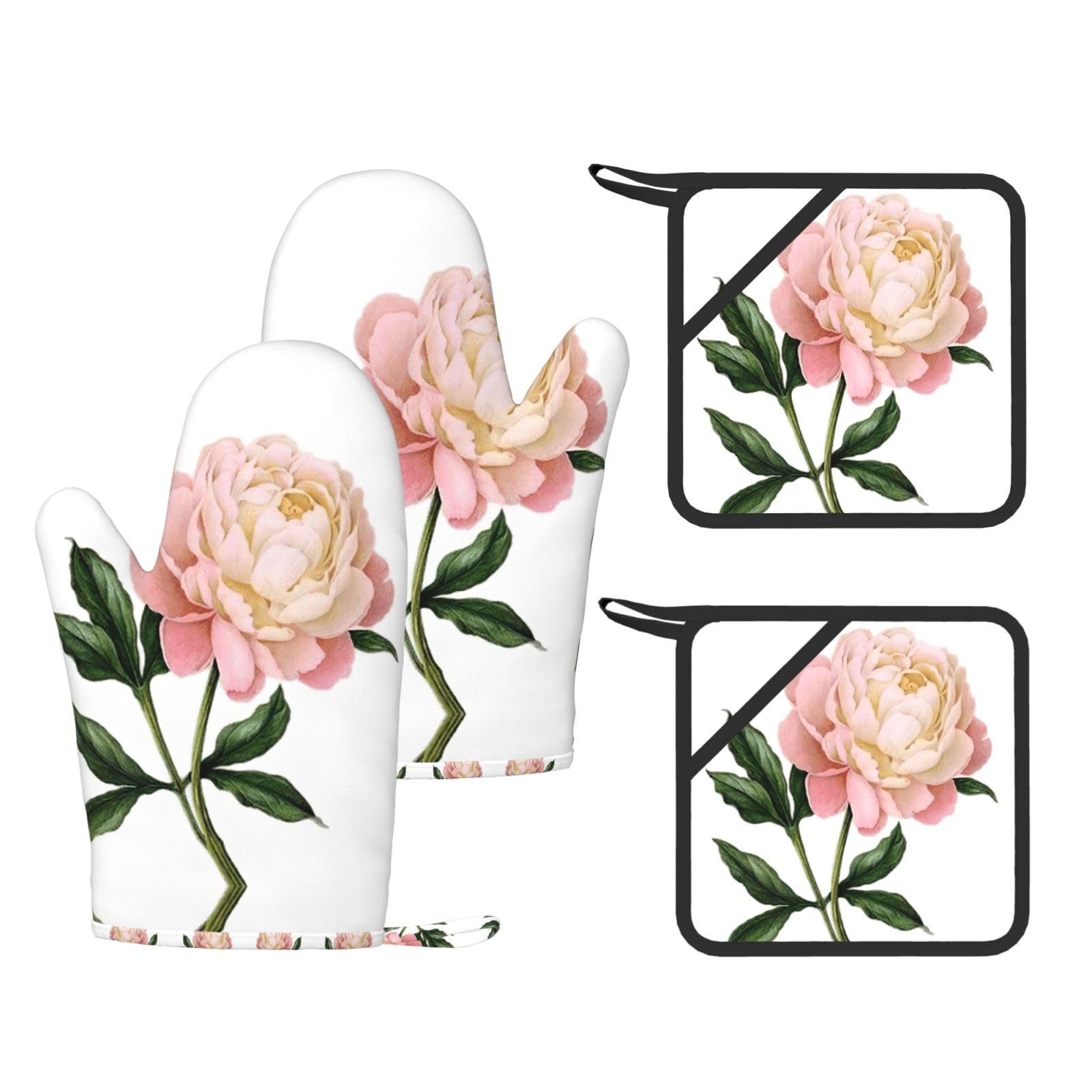 Peony Printed Cooking Mitts and Pot Holders 4 Pcs, Heat Resistant Oven Gloves with Hanging Loop Chef