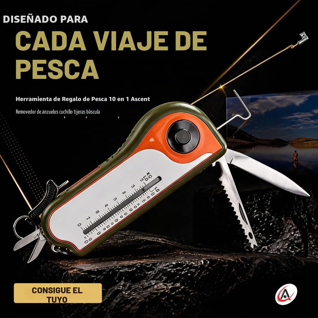 Fisherman Herramienta de Regalo Pesca Multiherramienta-Gancho Remover Escala Scraper, Cinta Medida, Cortador de cebos, Linterna, Cuchillo, Tijeras, Escala de Peso, Abridor de Botellas, Idea de Regalo