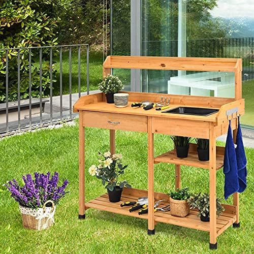 GYMAX Wooden Potting Table, Garden Planting Bench with Dry Sink, Drawer, Shelf and Hook, Plant Flower DIY Workstation for Backyard, Patio and Balcony