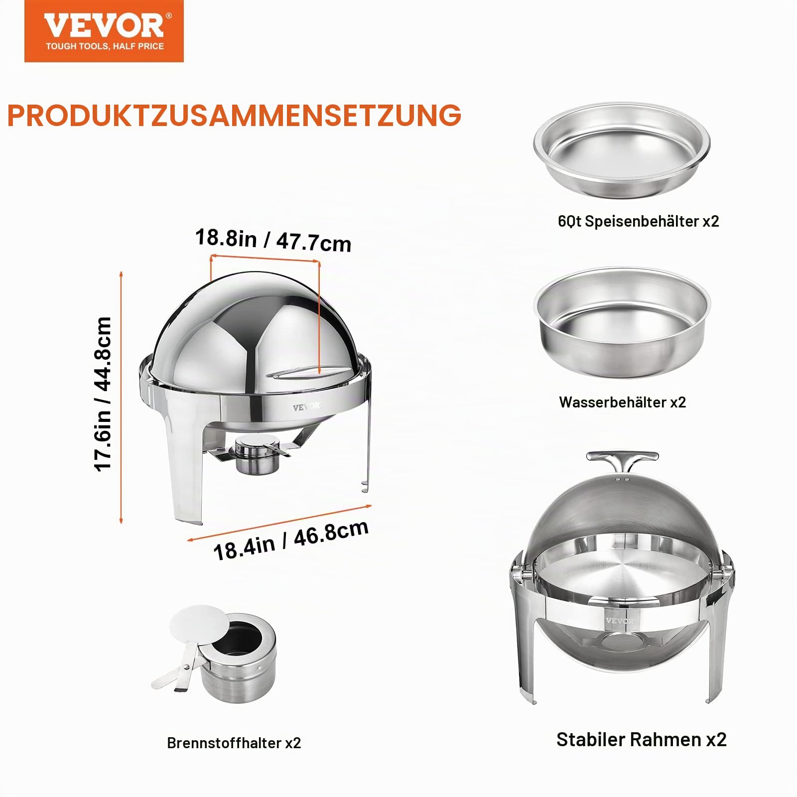 VEVOR 2-teiliger Speisenwärmer Wärmebehälter Chafing-Dish-Set Rolldeckel 5,5 L x 2, Rund Edelstahl Wärmebehälter Buffet Set inkl. Kraftstoffhalter & Esszange, für Restaurants, Buffets, Schulen usw.