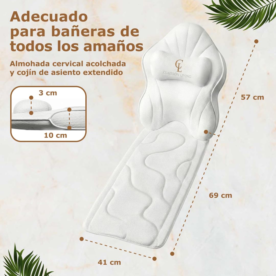 Cojin bañera (126x41cm) - Almohada bañera con apoyacabezas (13cm) y Soportes para el Cuello, Espalda y piernas – Incluye: Bath Pillow, Bolsas de Lavado y de Viaje, Gancho para Secado rápido Blanco