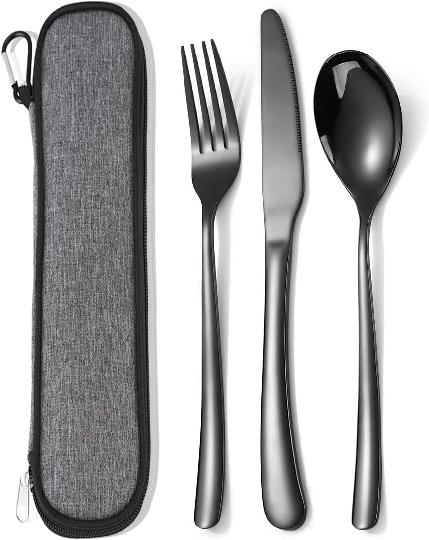 MURRI&MURRDI Travel Stainless Steel Cutlery Set for 1, Reusable Flatware Set with Case,Camping Silverware Set for Work, Knife Fork Spoon Utensil Set 3 Piece, Black