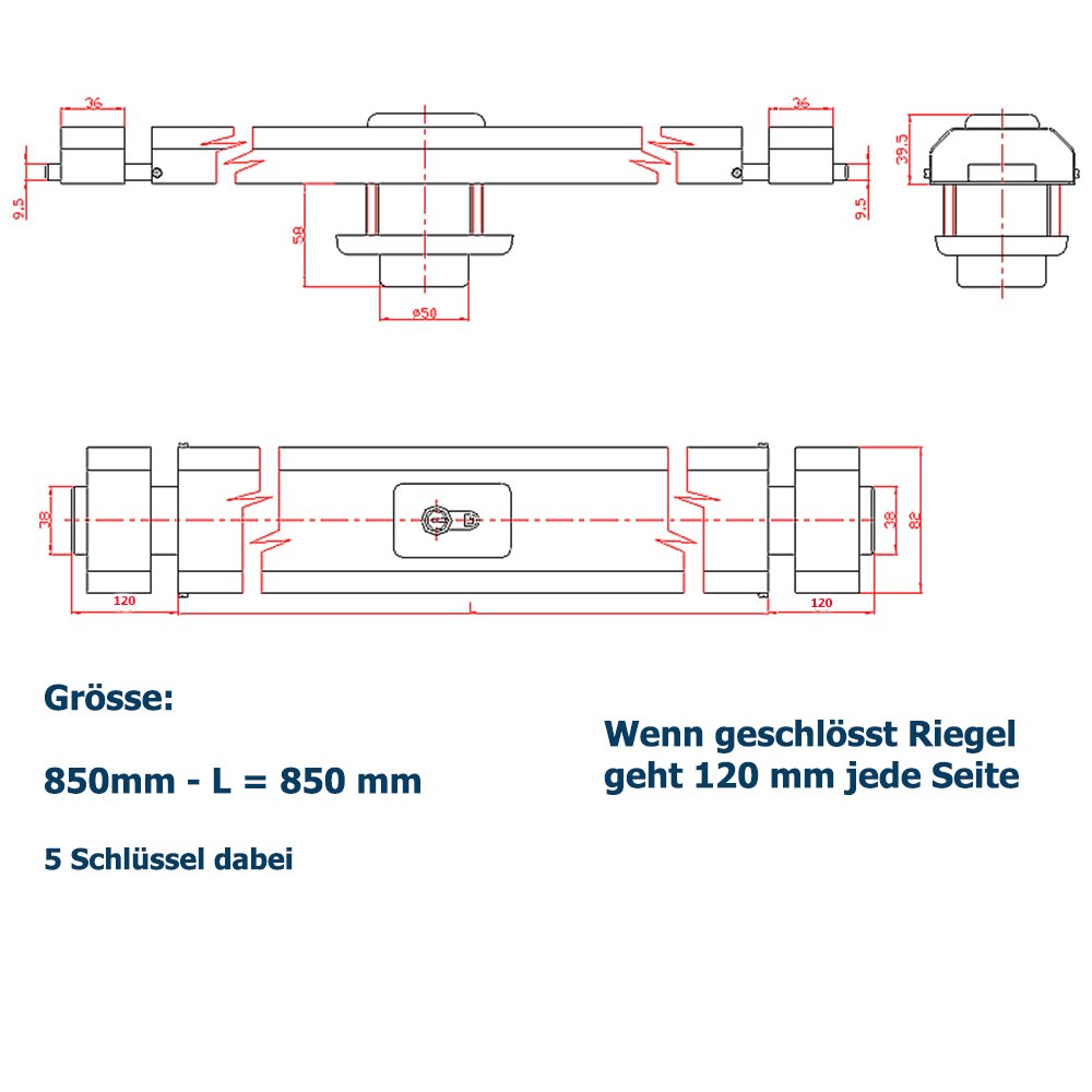 850 mm Weiss Ckey Panzerriegel Querriegel Panzerriegelschloss Türsicherheit Schließzylinder 850 weiss