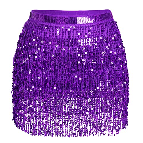 Belly Dance Hip Scarf Sequin Tassel Performance Outfits Sparkly Fringe Skirt Wrap Halloween Costume Party Festival Rave Skirt for Women and Girls Purple