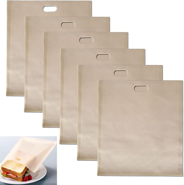 6 Pack Toaster Bags Reusable, Perfect for Grilled Cheese Sandwiches- 100% BPA Gluten Free- FDA & LFGB Approved of Premium Quality Teflon Toaster Bags for Grilled Cheese,Pizza,Panini