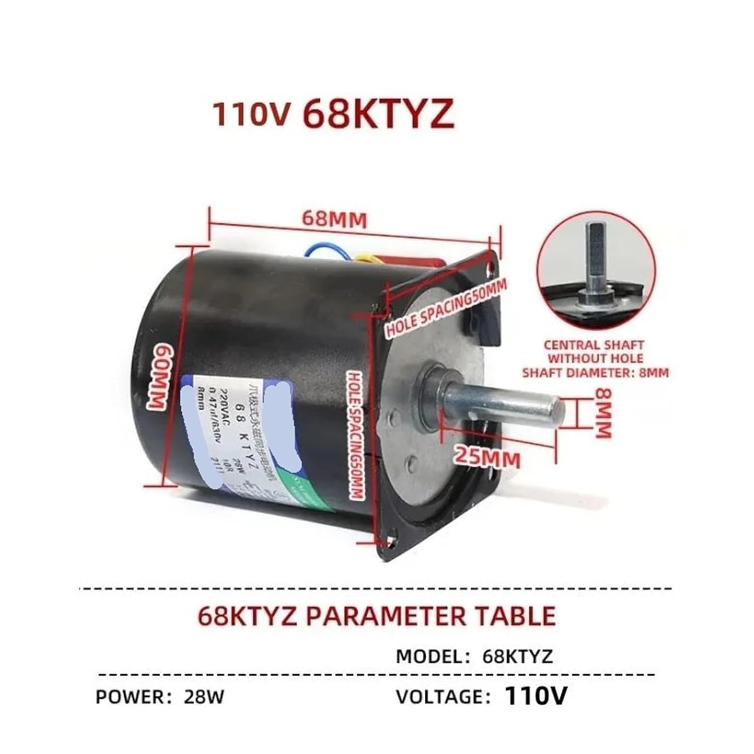 28W110V 68KTYZ Permanent Magnet Synchronous Motor Central Shaft 8mm Without Hole Forward Reverse Controllable AC Electric Motor(110V 110rpm)