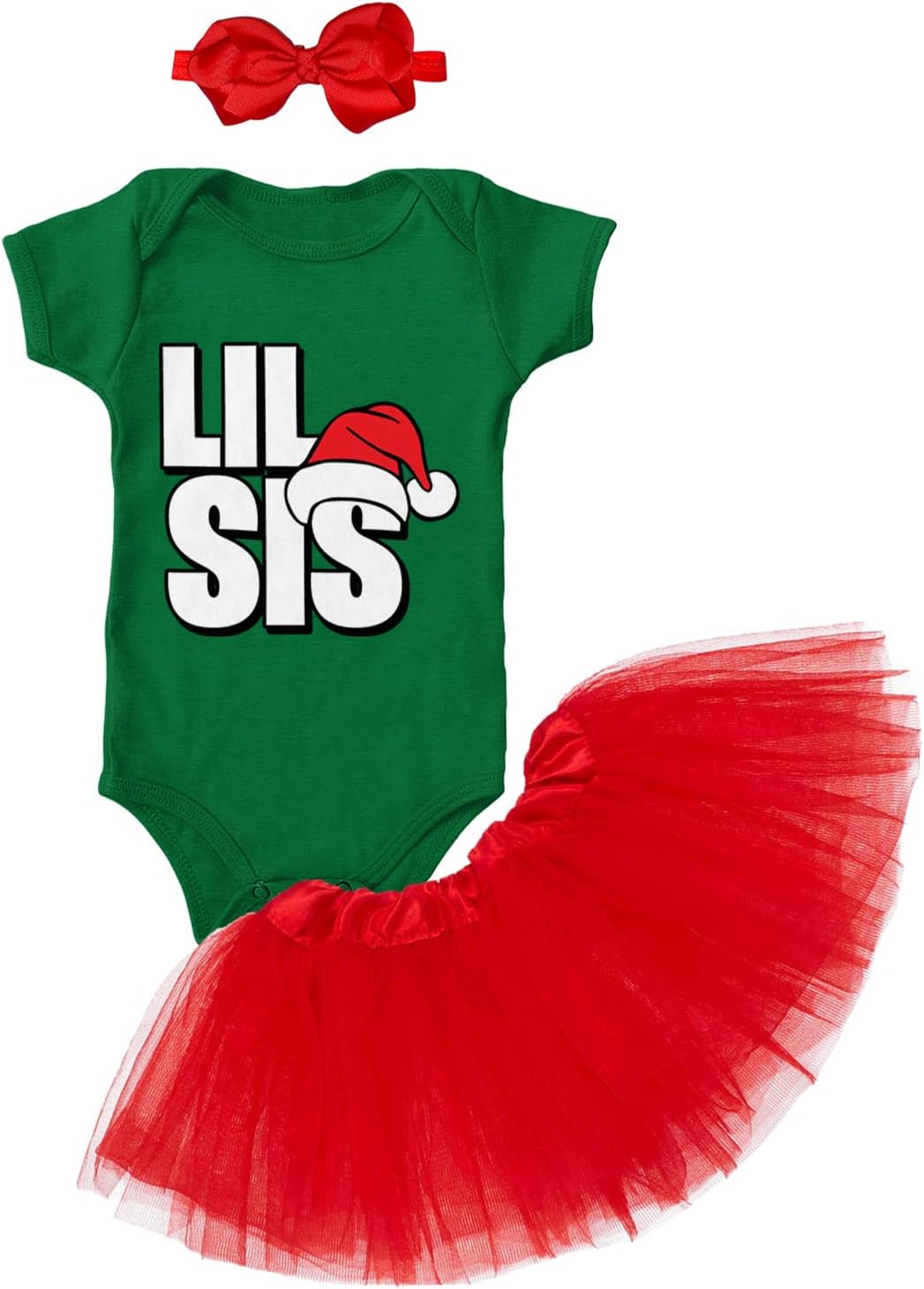 Lil Sis - Santa Claus Hat Christmas Little Sister Baby Bodysuit + Tutu Skirt + Bow Headband Set