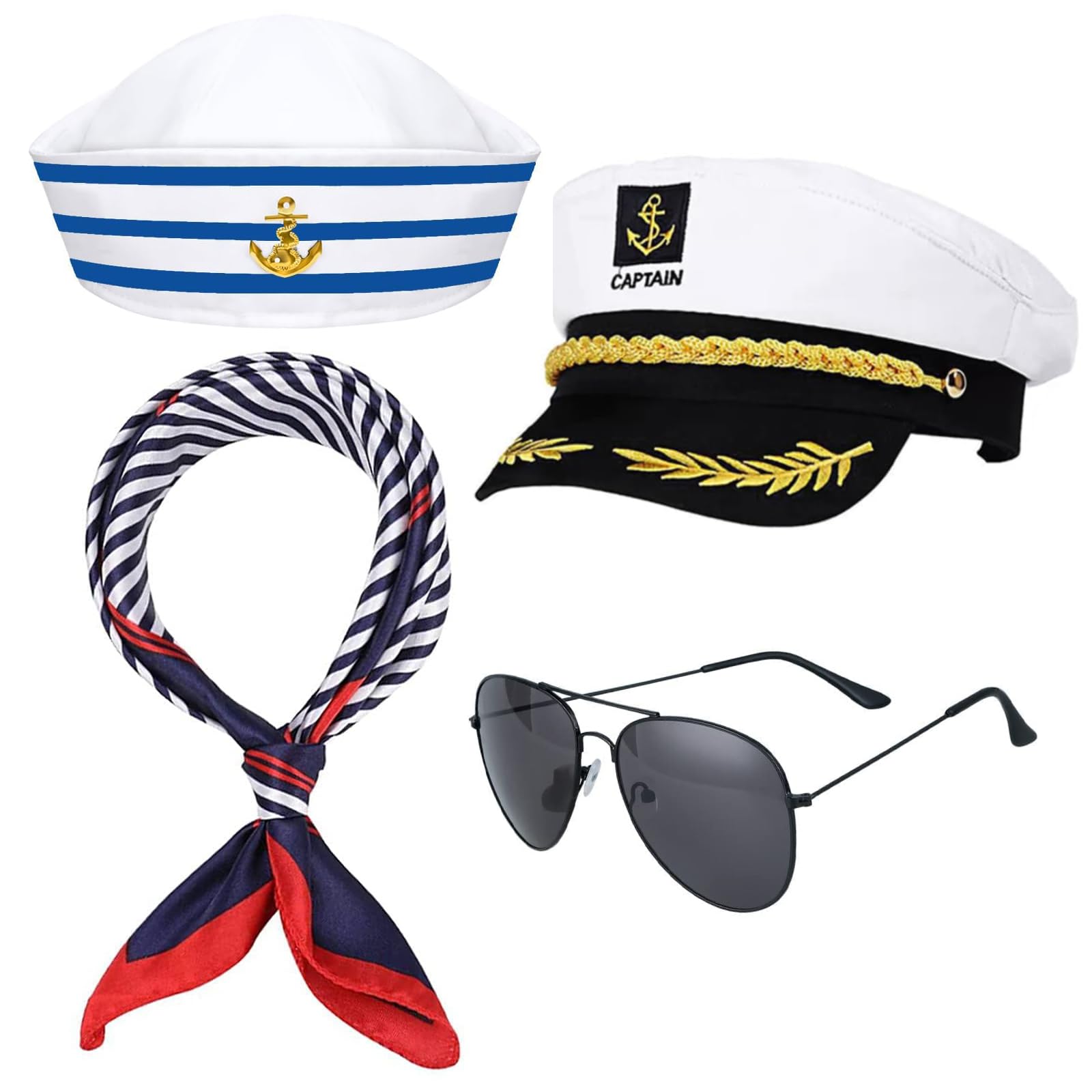 Matiniy 4Pcs Yacht Captain Sailor Costume Set IncludeHat Sailor Cap Sunglasses and Scarf for Adults Halloween Party Dress Up