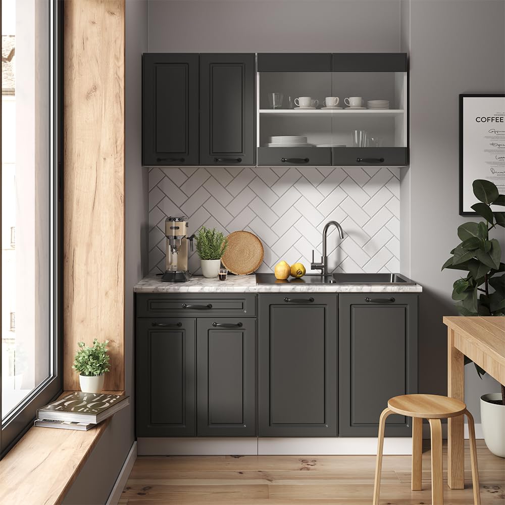Vicco Singleküche R-Line, Anthrazit Landhaus, 140 cm ohne Arbeitsplatte, geeignet für kleine Räume, modular erweiterbar