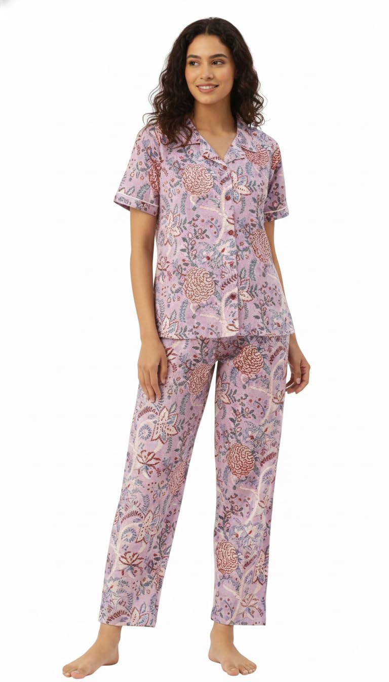 loom n bloom Women's Cotton Floral Print Nightsuit Set - 2 Piece Button-Down Short Sleeve Shirt and Pajama Set - Soft Breathable Loungewear & Sleepwear for Ladies - Mauve-picture-33