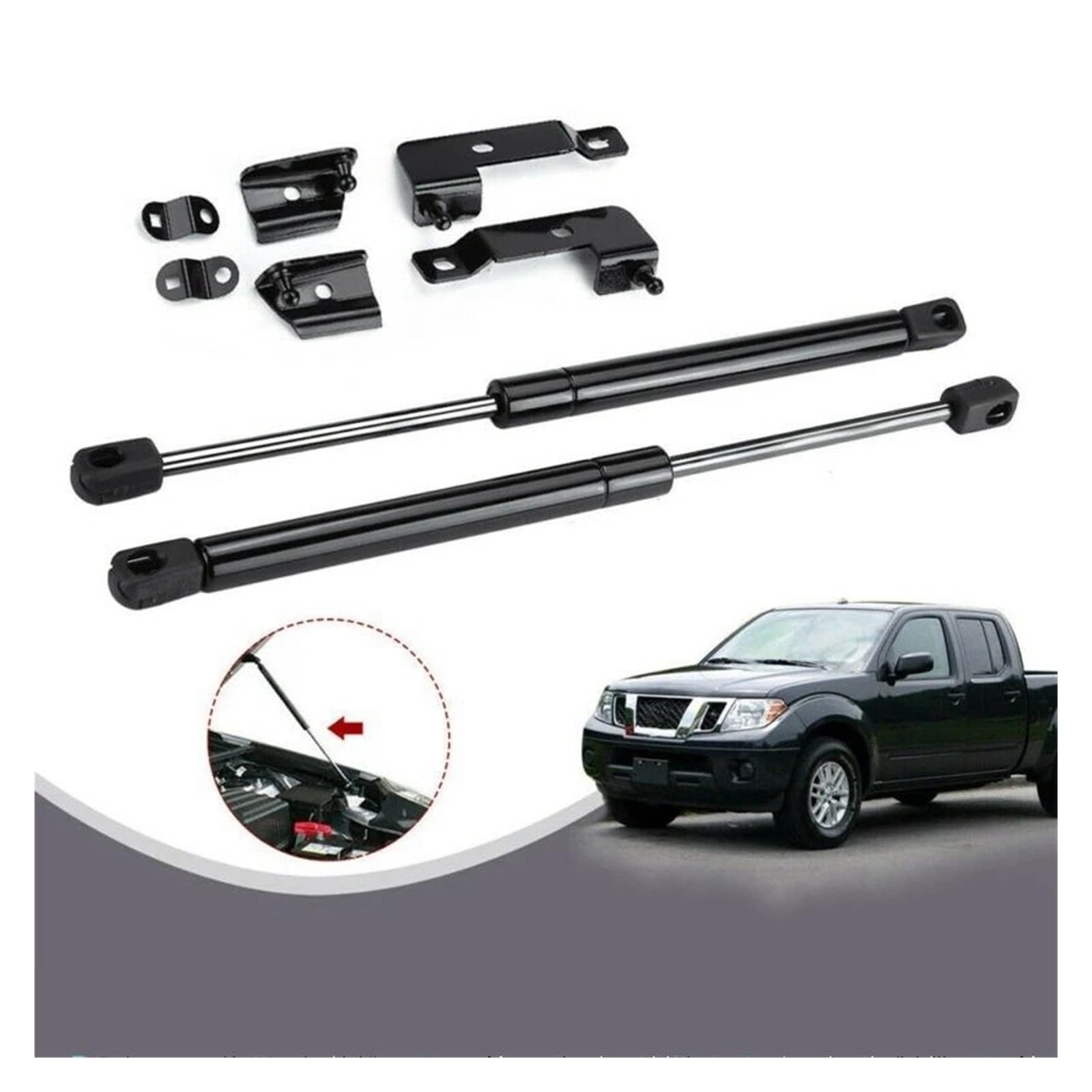 Podnośniki przedniej maski do Nissan Frontier, Navara, D40, Pathfinder i Xterra (2004-2018): sprężyny gazowe, amortyzatory hydrauliczne.