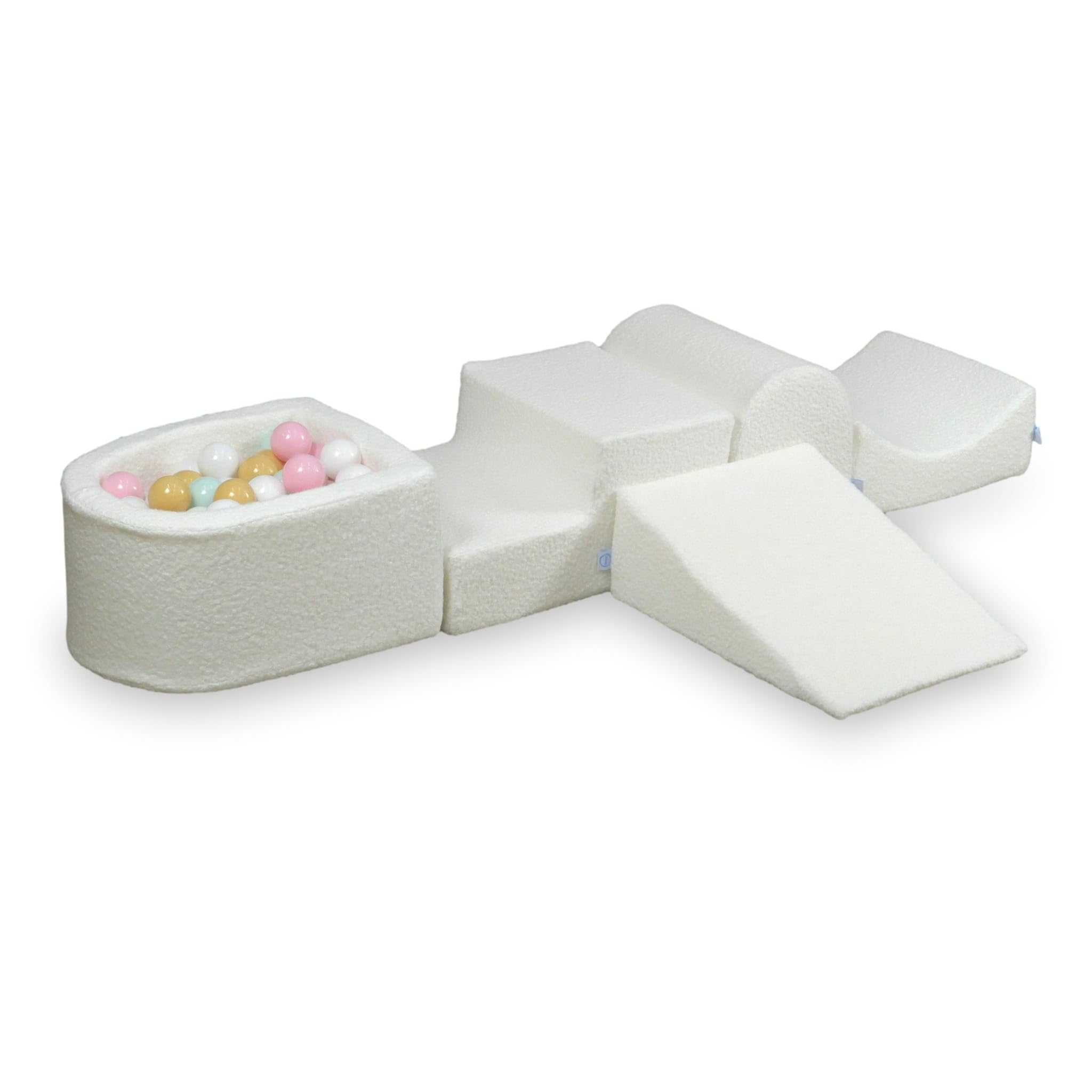 Mimii Parco giochi in schiuma con collina e piscina con palline Bouclé, bianco, giocattolo da arrampicata per bambini e neonati, grandi mattoncini da costruzione per gattonare e arrampicare, 100