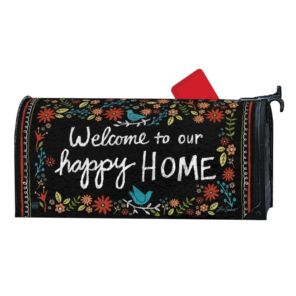 Studio M Welcome to Our Happy Home MailWrap – Magnetic Mailbox Cover for Standard 6.5 x 19 Inch Mailbox – Weather Resistant Vinyl – Floral Chalkboard Style Outdoor Décor